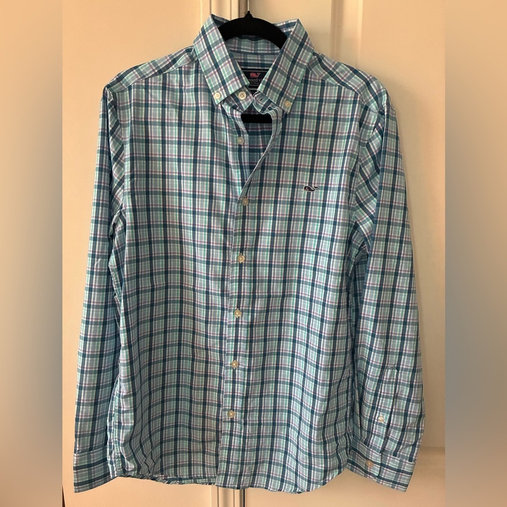 Vineyard Vines Green and Blue Checkered button down collar Shirt